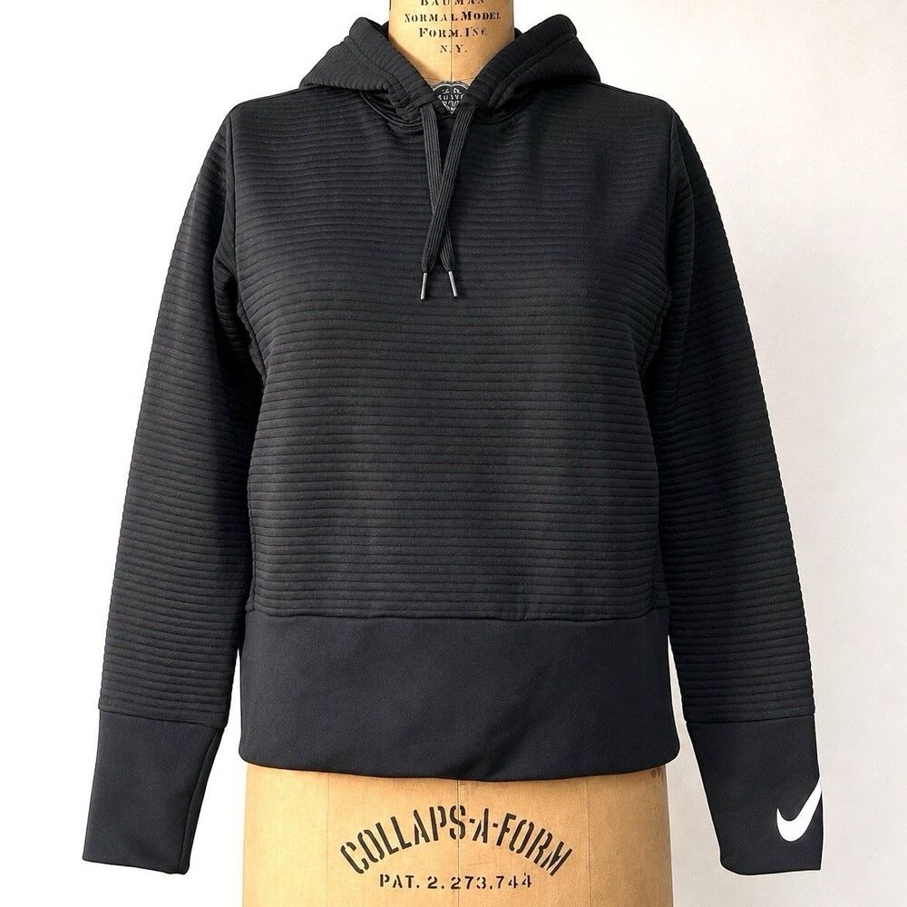 Nike Dri Fit Black Ribbed Hoodie Womens Small Pullover Athleisure Sweatshirt‎